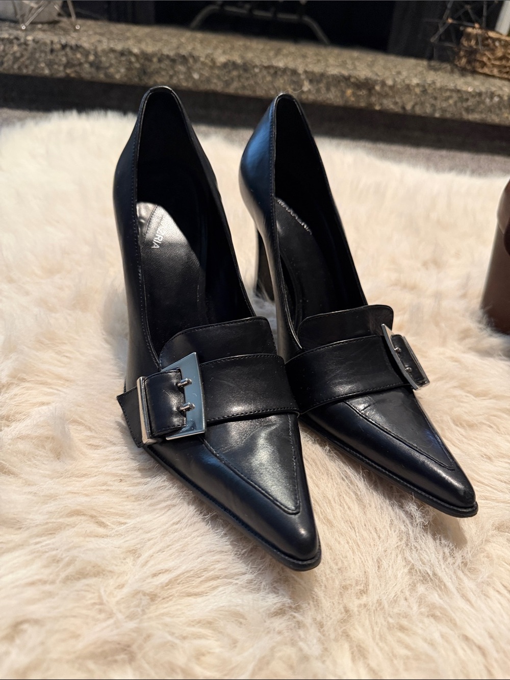 BCBGMaxAzria Black Pointed-Toe Buckle Pumps